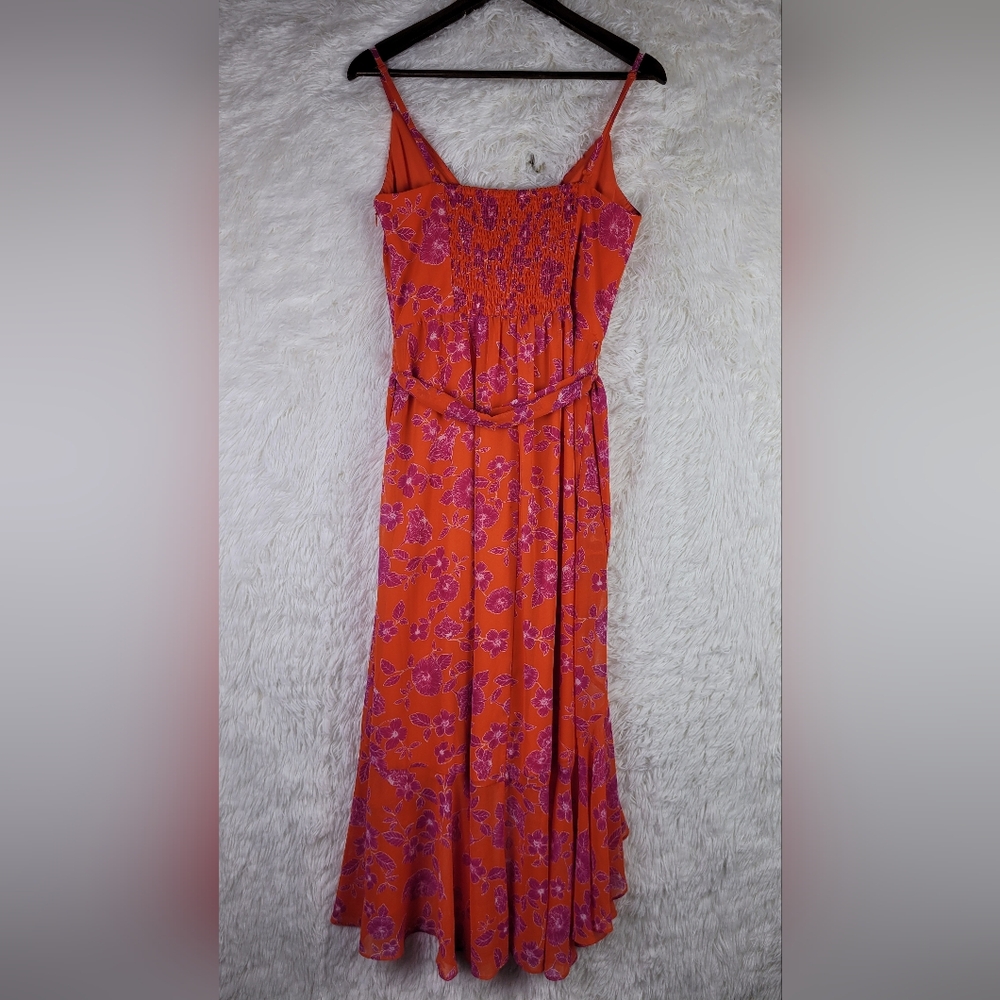 Eliza J Med Orange Floral Asymmetrical Midi Strappy Dress Smocked Tie Flowy - Picture 3 of 10
